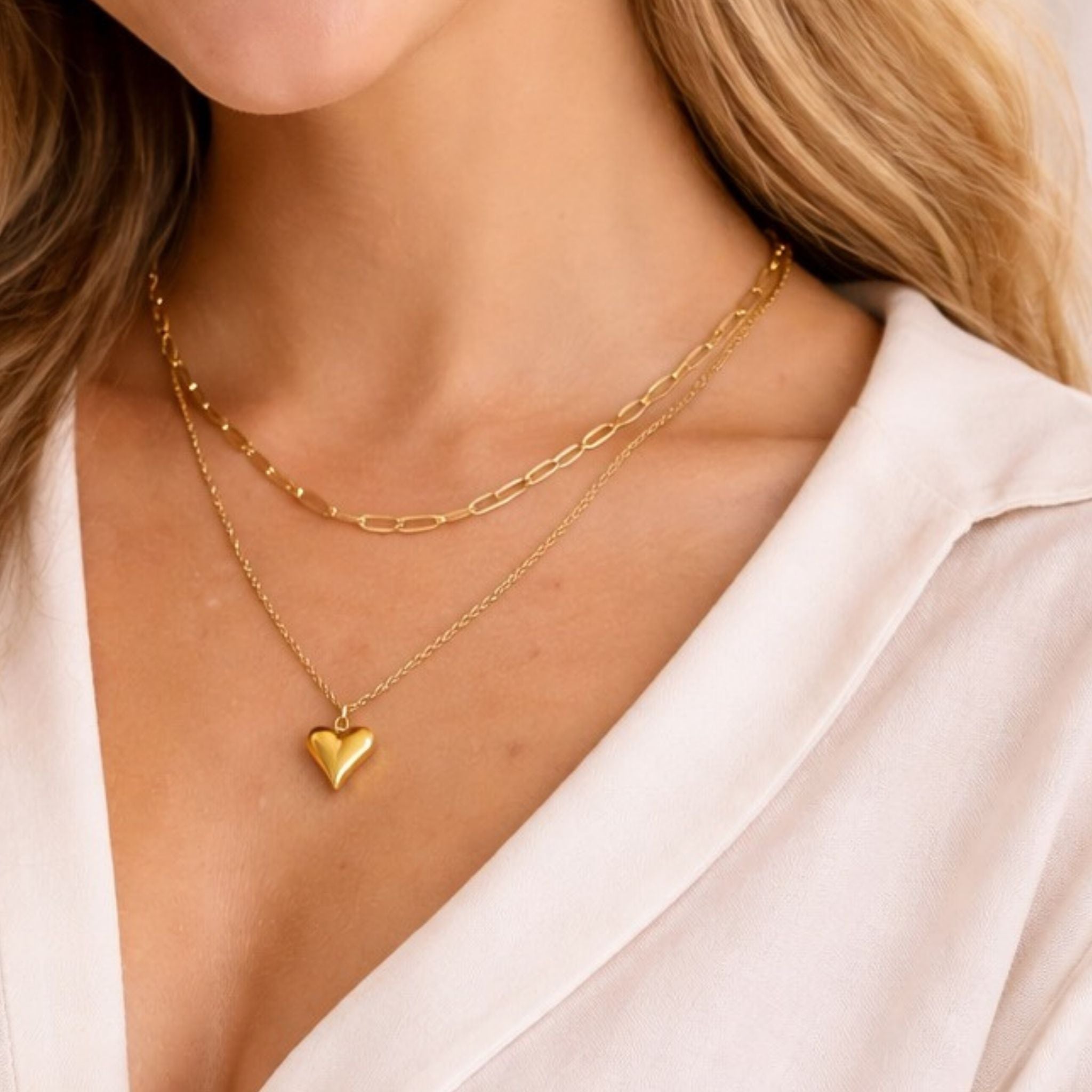 Paperclip Heart Necklace – Waterproof 18K Gold PVD Layered Stainless Steel (15” + 18”)