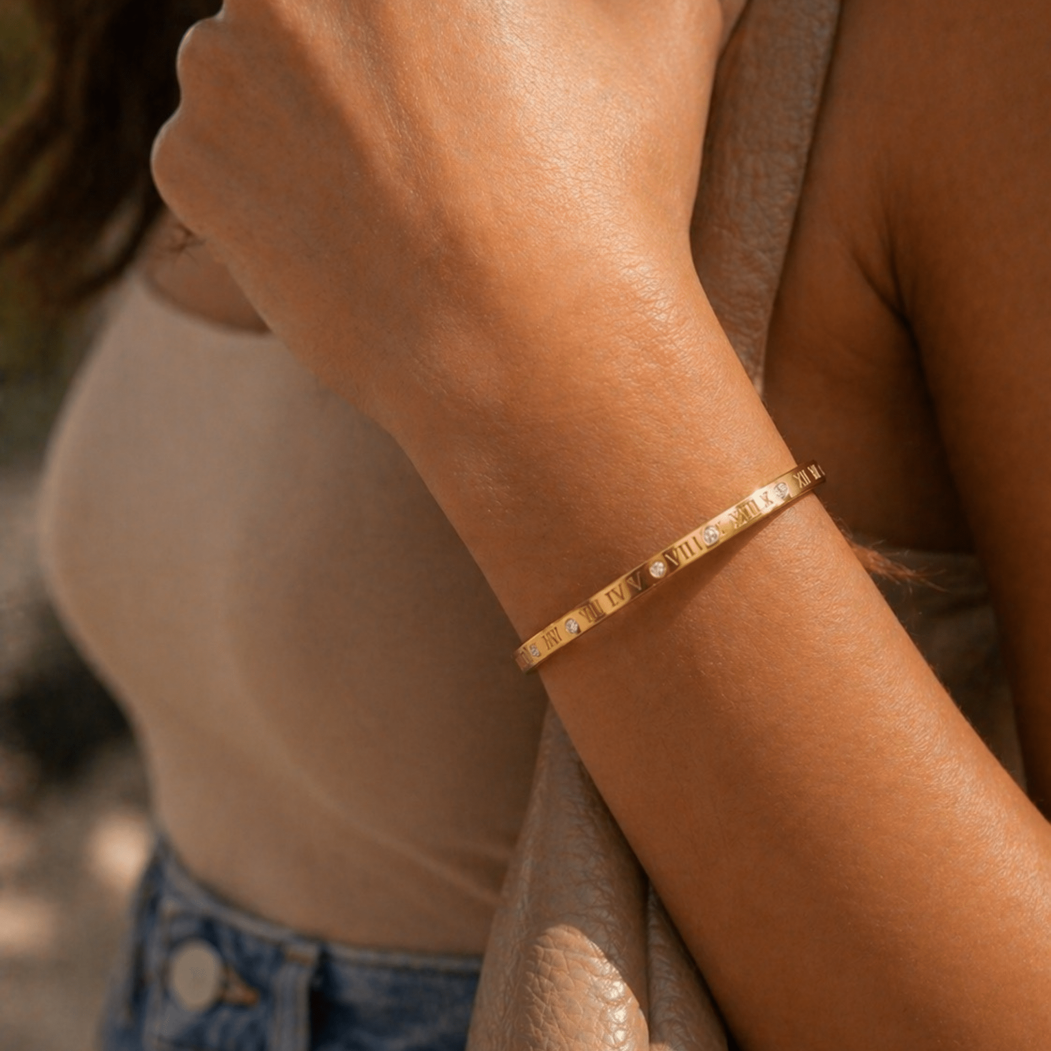 The Gold Standard Bangle – Waterproof, Tarnish - Free Gold Roman Numeral Bracelet – Waterproof Gold Jewelry – Aella Jewelry Co.