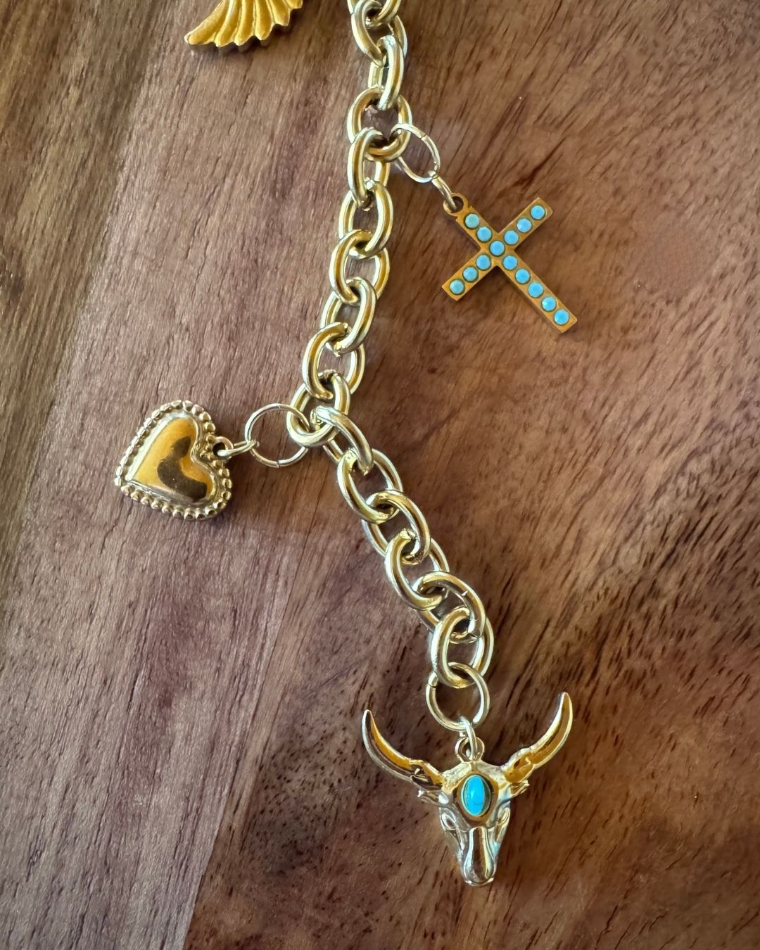 Western Cowgirl Gold Bag Charm Chain – Purse Charm with Cross, Heart & Turquoise, Bull Details