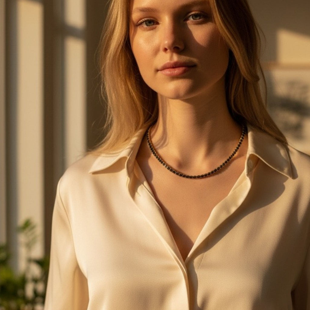 Jet Rhinestone Tennis Chain Necklace 18K Gold PVD Stainless Steel – Waterproof Gold Jewelry – Aella Jewelry Co.