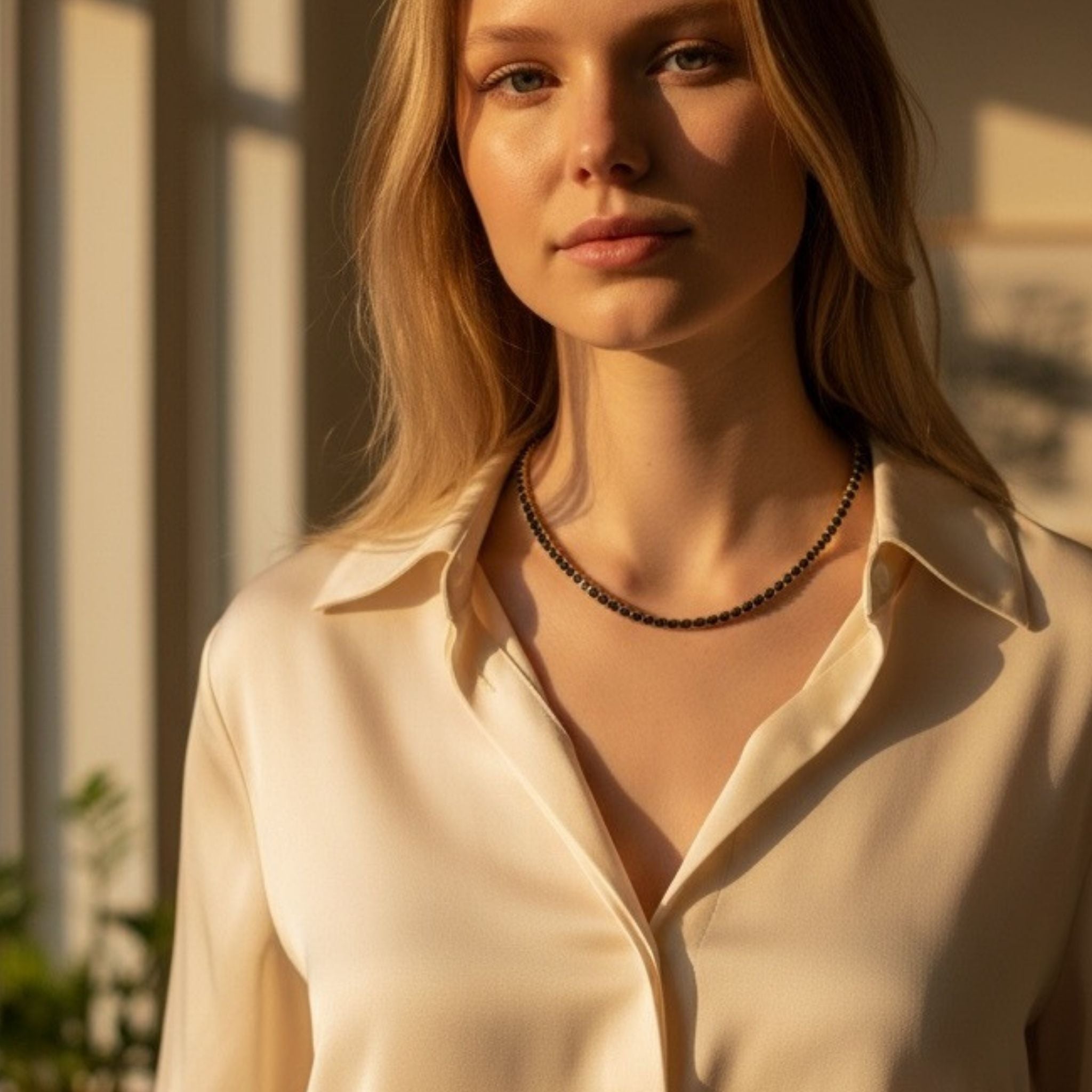 Jet Rhinestone Tennis Chain Necklace 18K Gold PVD Stainless Steel