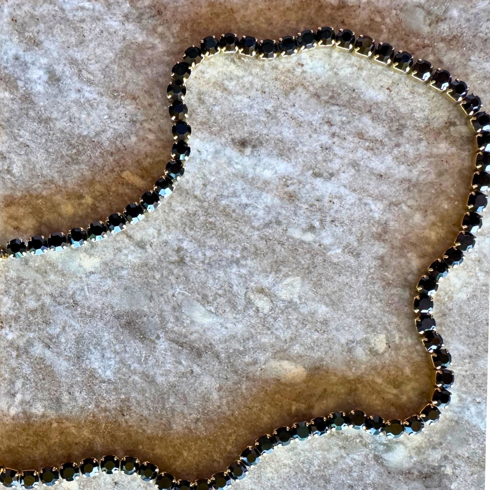 Jet Rhinestone Tennis Chain Necklace 18K Gold PVD Stainless Steel