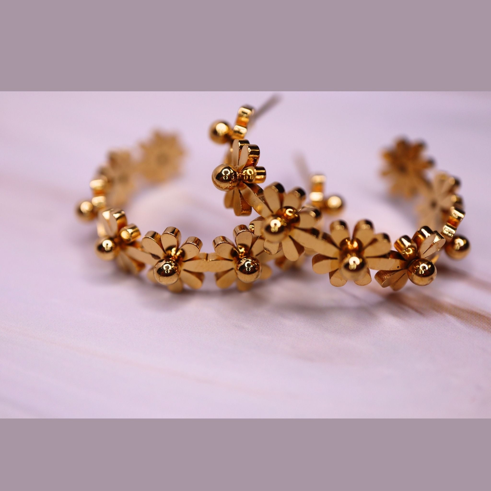 Soft Gold Flower Hoop Earrings – Waterproof, Hypoallergenic Stainless Steel Floral Hoops
