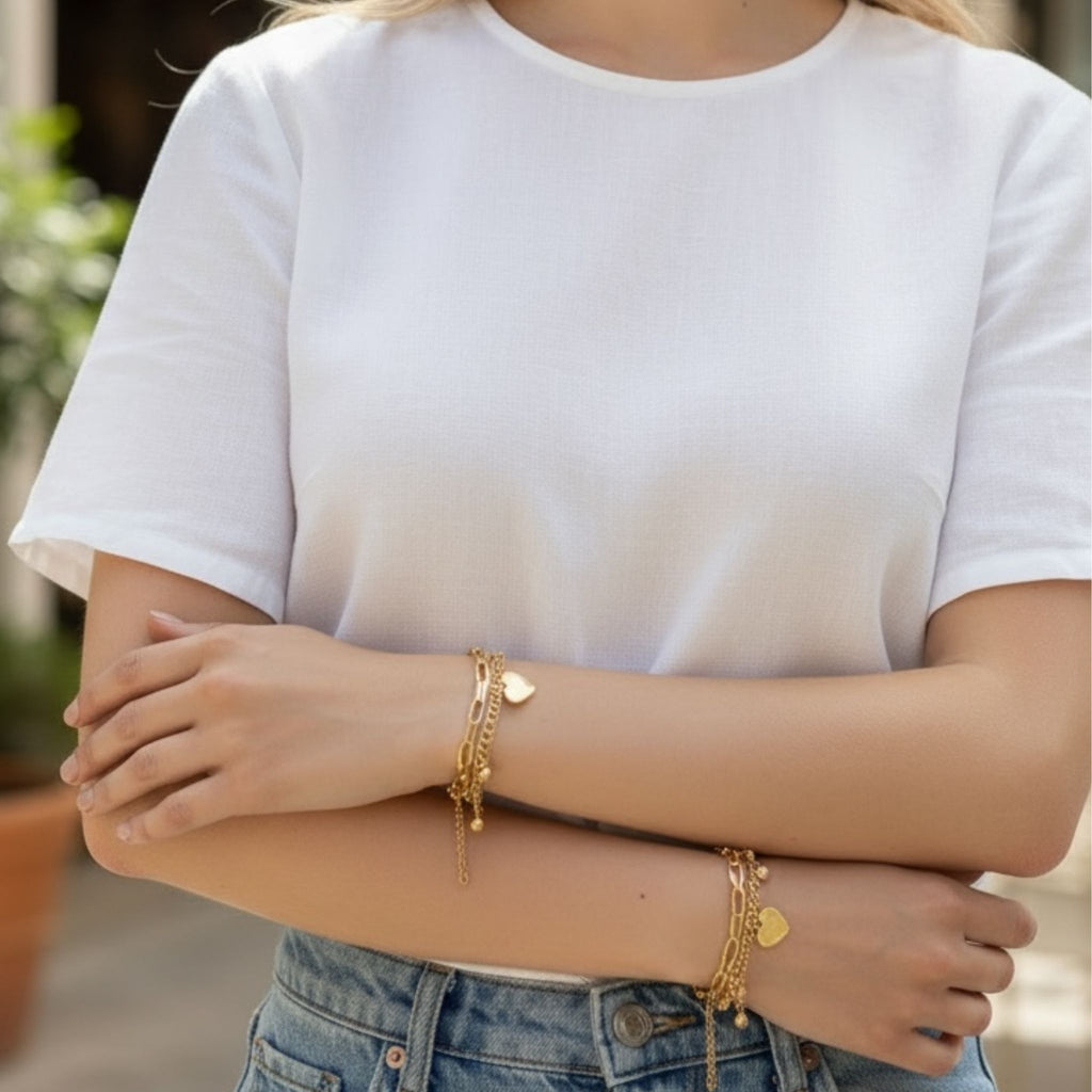 Double Heart Charm Layered Bracelet – 18K Gold Plated Stainless Steel – Waterproof Gold Jewelry – Aella Jewelry Co.