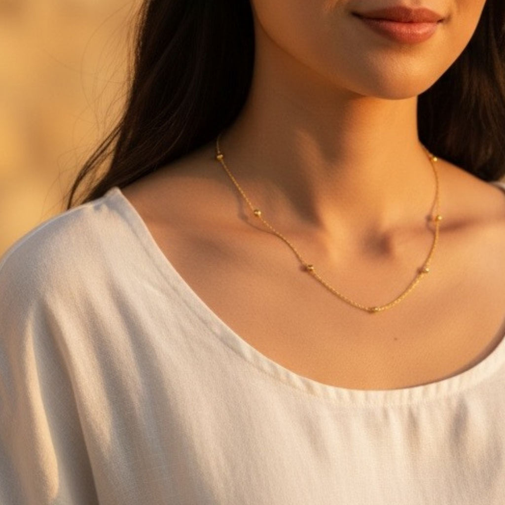 Dainty Satellite Bead Necklace – 18K Gold Plated Stainless Steel – Waterproof Gold Jewelry – Aella Jewelry Co.