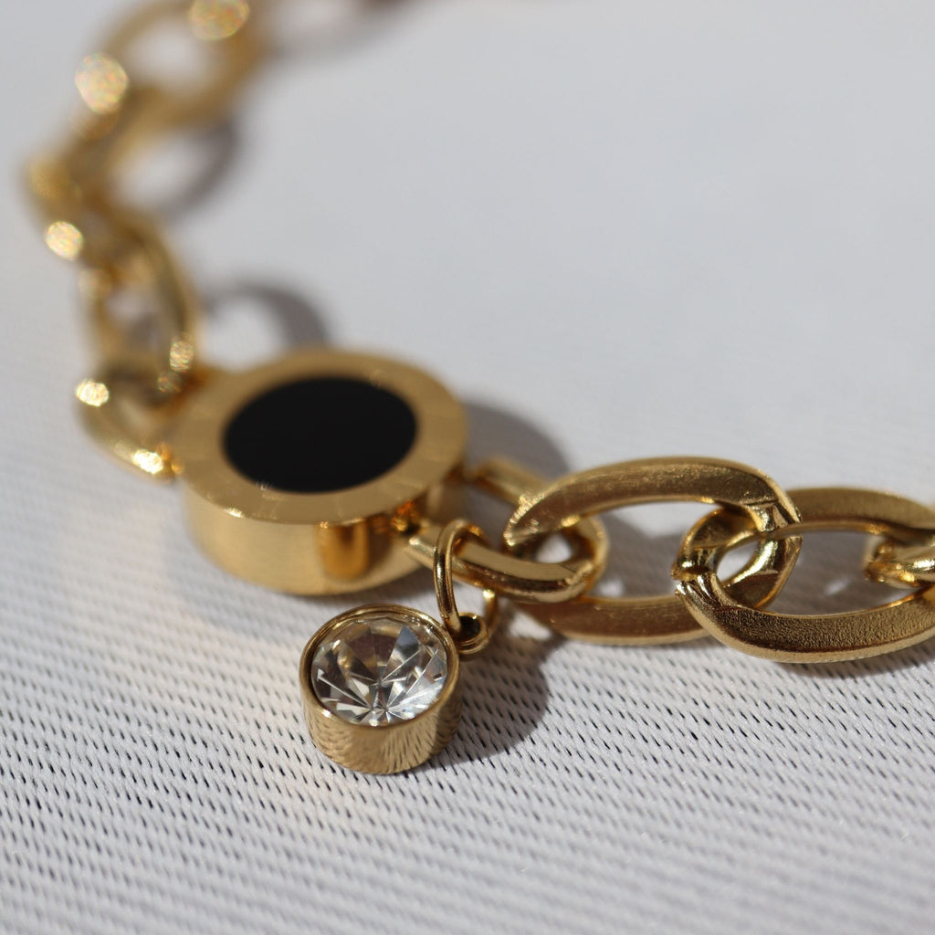 Midnight Medallion CZ Chain Bracelet – 18K Gold Plated Stainless Steel (Petite-runs small)