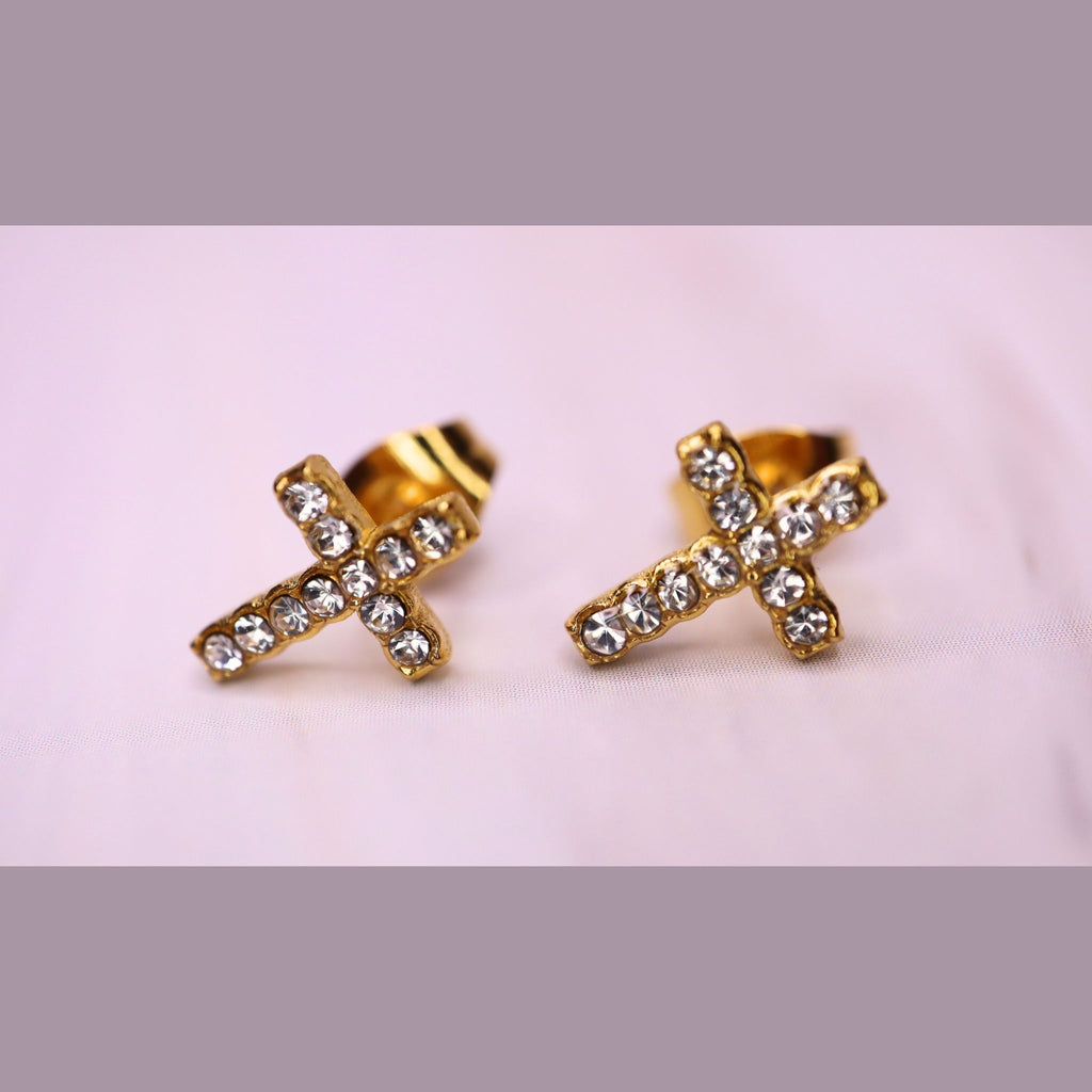Dainty Gold Cross Stud Earrings – Crystal, Waterproof & Hypoallergenic