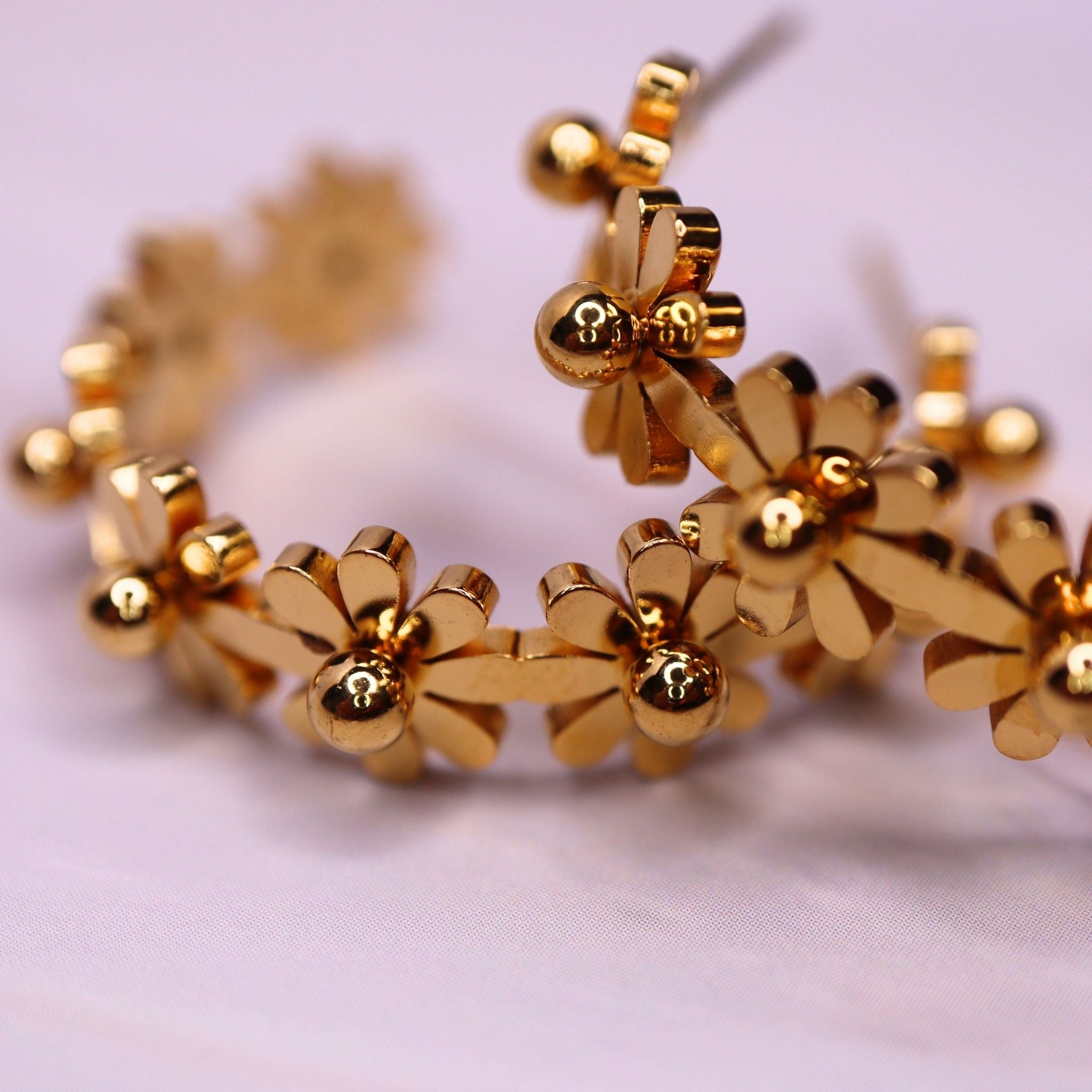 Soft Gold Flower Hoop Earrings – Waterproof, Hypoallergenic Stainless Steel Floral Hoops – Waterproof Gold Jewelry – Aella Jewelry Co.