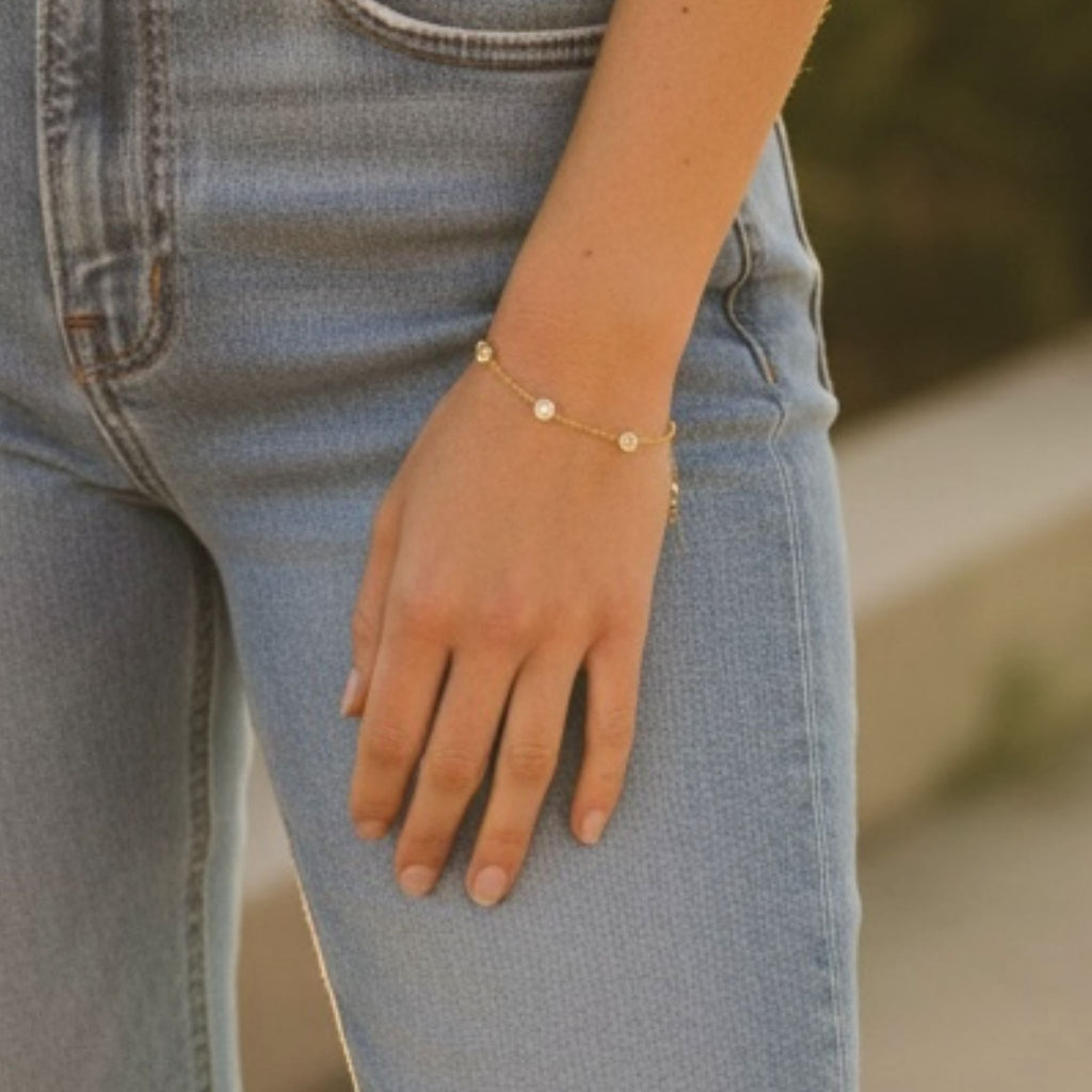 Starlight CZ Station Bracelet – 18K Gold Plated Stainless Steel (Petite - runs small) – Waterproof Gold Jewelry – Aella Jewelry Co.