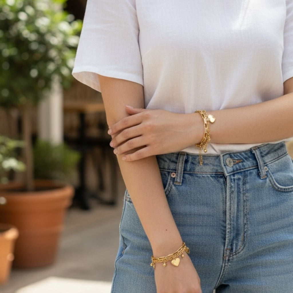 Double Heart Charm Layered Bracelet – 18K Gold Plated Stainless Steel – Waterproof Gold Jewelry – Aella Jewelry Co.