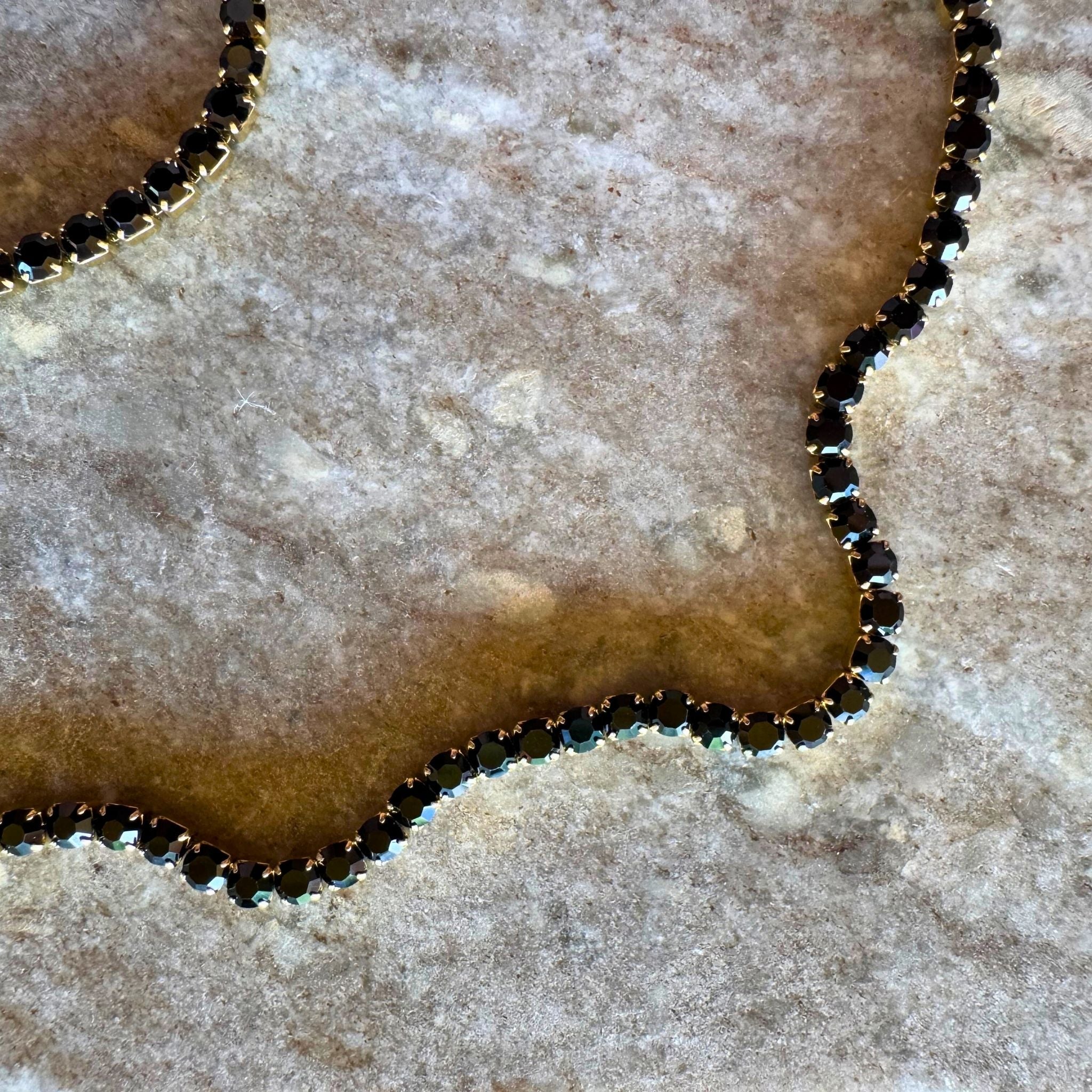 Jet Rhinestone Tennis Chain Necklace 18K Gold PVD Stainless Steel