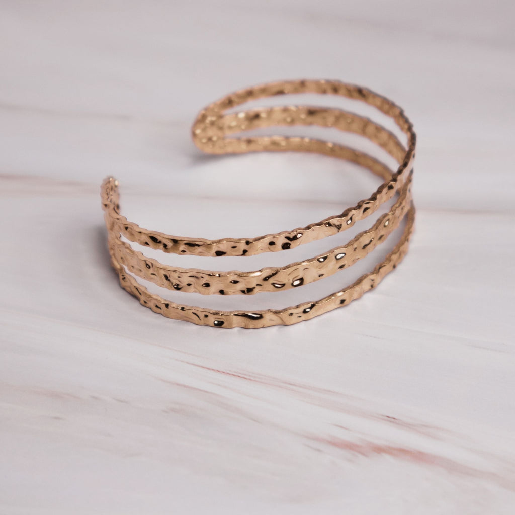 Hammered Triple Band Open Cuff Bracelet – 18K Gold PVD Stainless Steel