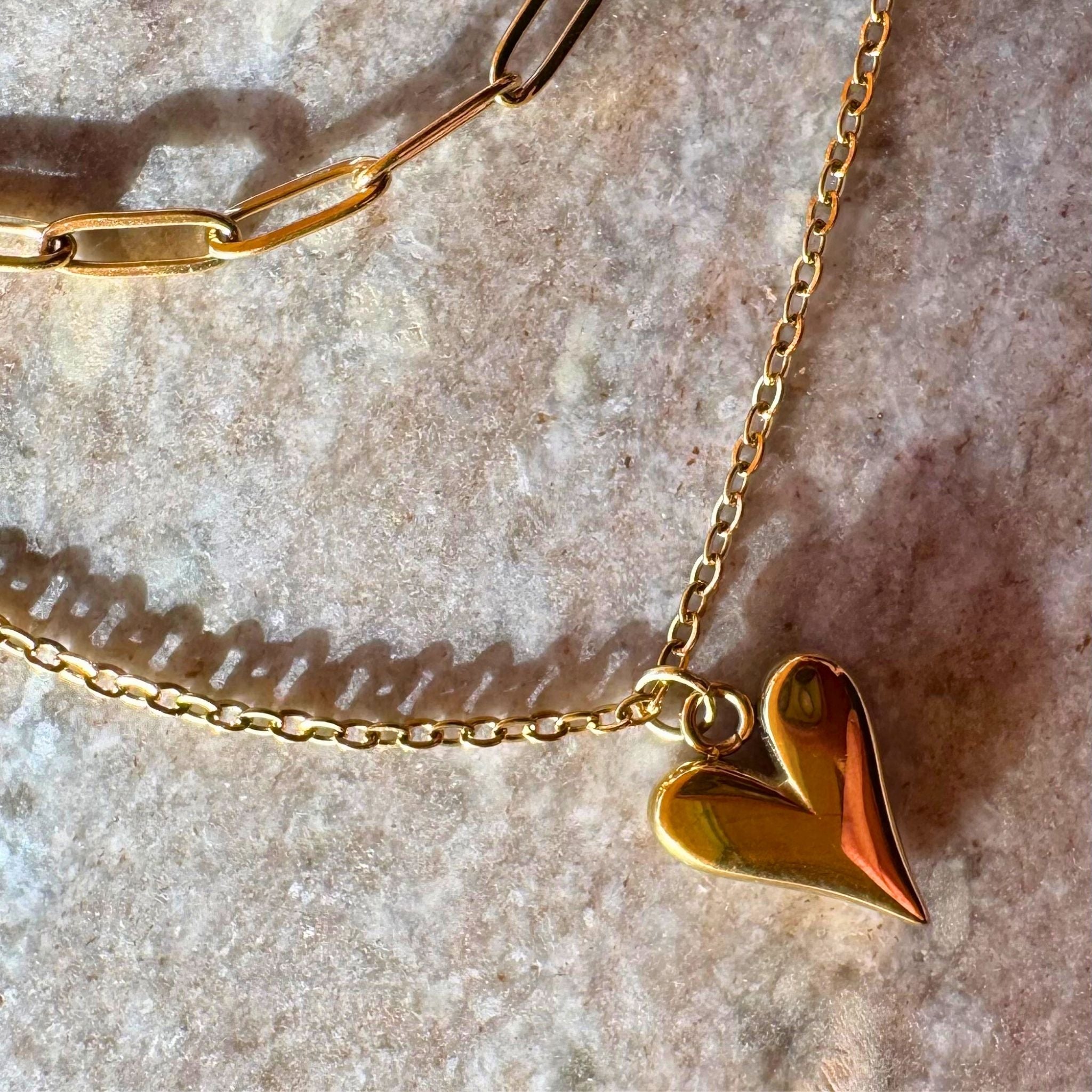Paperclip Heart Necklace – Waterproof 18K Gold PVD Layered Stainless Steel (15” + 18”)