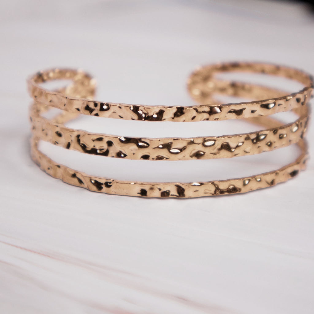 Hammered Triple Band Open Cuff Bracelet – 18K Gold PVD Stainless Steel