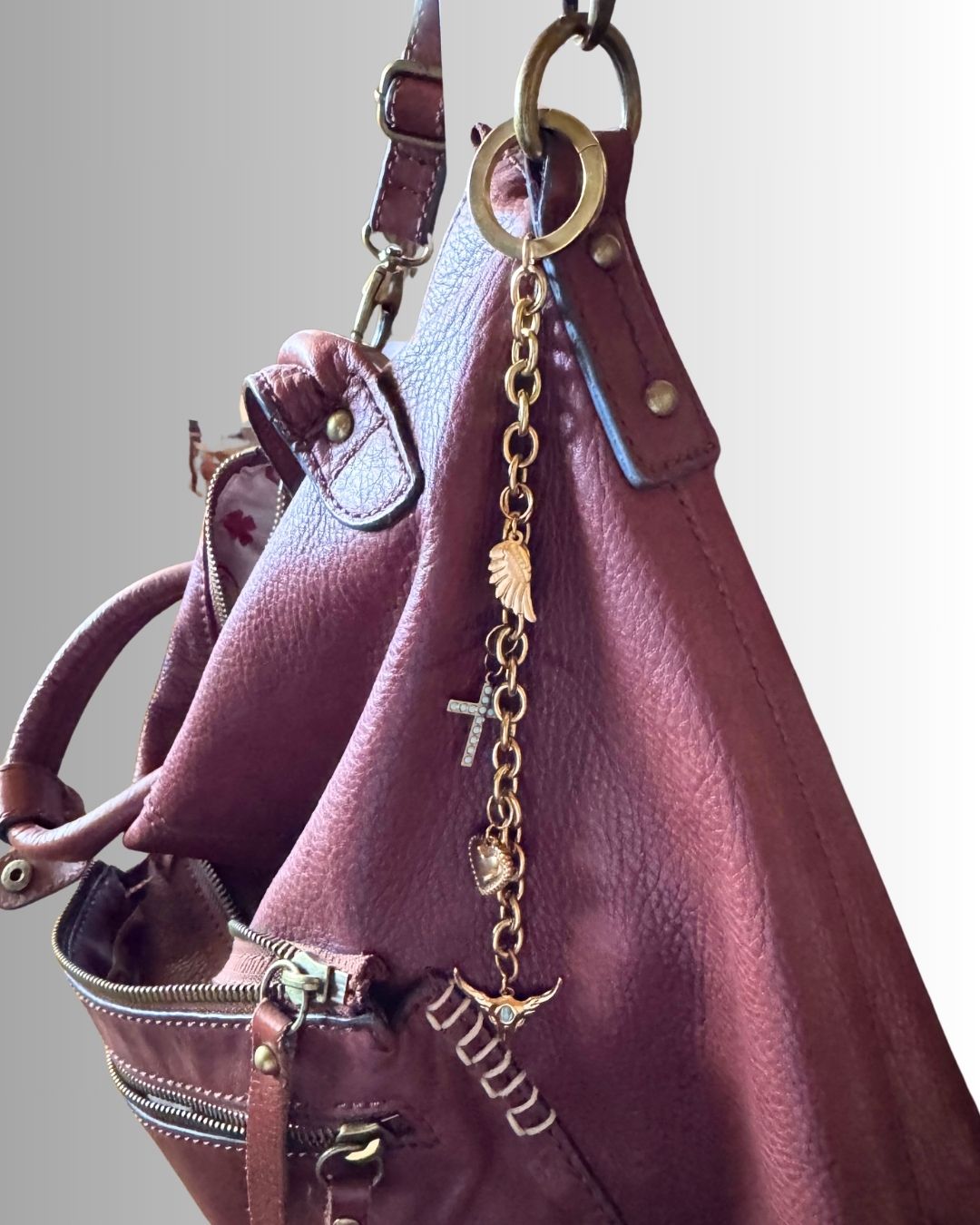 Western Gold Bag Charm Chain – PVD Waterproof Purse Charm with Cross, Heart & Turquoise Details