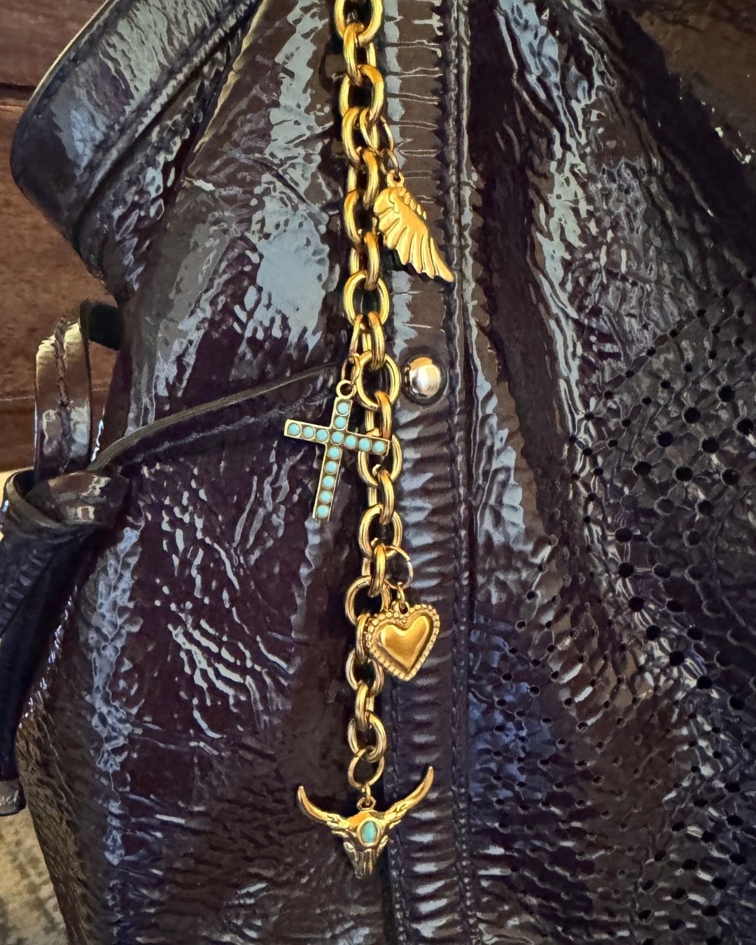 Western Gold Bag Charm Chain – PVD Waterproof Purse Charm with Cross, Heart & Turquoise Details