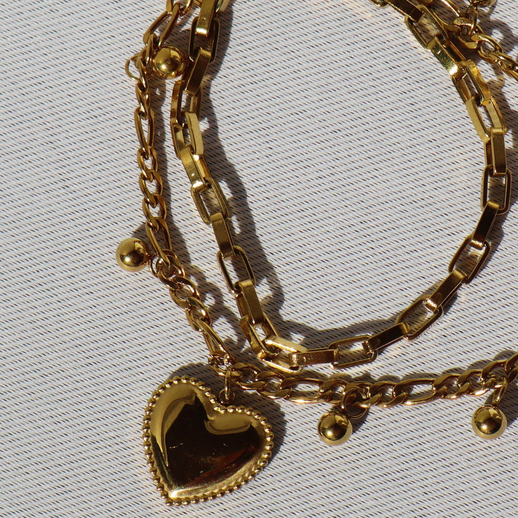 Double Heart Charm Layered Bracelet – 18K Gold Plated Stainless Steel – Waterproof Gold Jewelry – Aella Jewelry Co.