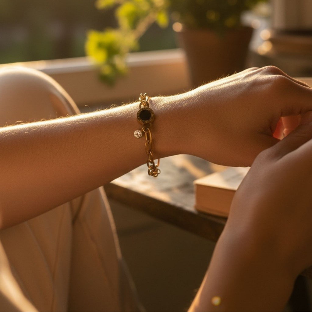 Midnight Medallion CZ Chain Bracelet – 18K Gold Plated Stainless Steel (Petite-runs small)